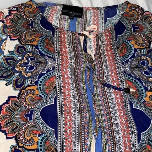 Cynthia Rowley Womens 2X Sleeveless Boho Print Top With Tie Neck & Vibrant Multi - Picture 2 of 9